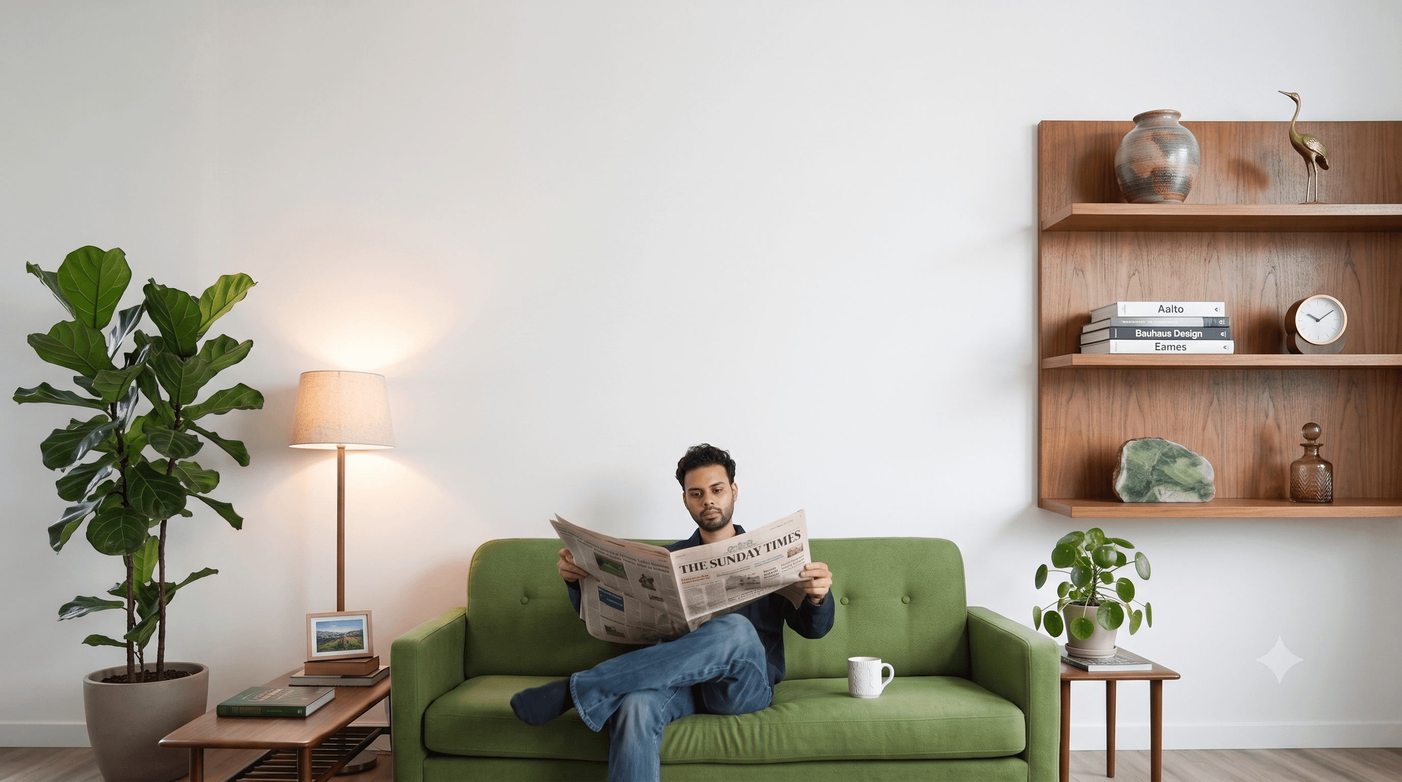 Piran reading newspaper on sofa